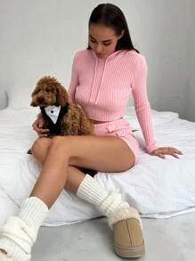 Aloruh 2pcs/Set New Pink Warm Hooded Cardigan Sweater & Shorts Set, Versatile For Indoor & Outdoor Wear - Pink - View 7