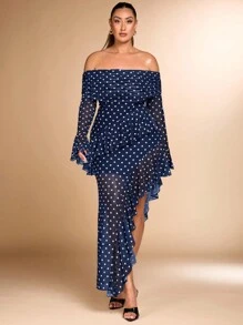 SHEIN BAE Plus Size Fall Elegant Sexy Sweet Woman Black And White Polka Dot Mesh Print One Shoulder Asymmetrical Ruffle Hem High Slit Long Dress - Navy Blue - View 5