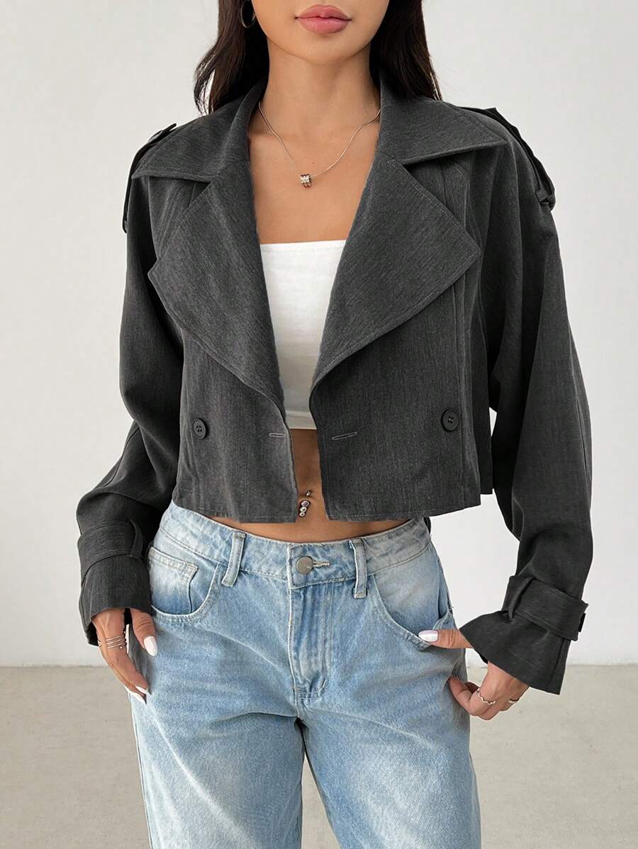 SHEIN PETITE Áo khoác trench coat cổ bẻ hai hàng khuy trơn màu cho nữ, mùa xuân thu - Màu xám đen - Xem 1
