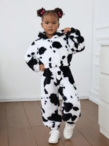 SHEIN Leap Crew Young Girl Cute & Casual & Vintage 2pcs Cow Print Hooded Teddy Jacket & Pants Outfits, Warm And Comfortable Long Sleeve, Great For Casual & Daily Wear & School Daily & Home Wear In Autumn & Winter, For Christmas - Black and White - View 6