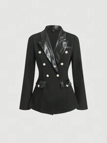 SHEIN MOD 女士黑色 PU 皮革拼接双排扣西装外套，学院风，保暖，冬季女士外套 - 黑色 - 查看 2