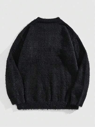 Street Life Men Crew Neck Letter Jacquard Fuzzy Pullover Sweater, Casual American Style