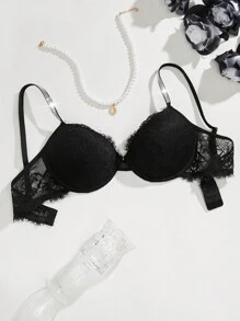 Lencería Floral De Encaje Bra Con Detalle De Estrás Y Con Varilla - Negro - Ver 6