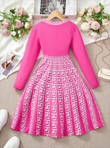 SHEIN Tween Girl Fuchsia Knitted Top & Geometric Patterned Dress 2 Pieces Set - Hot Pink - View 2