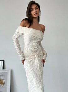 Aloruh Rochie de damă cu mânecă lungă, cu talie cu noduri, din material texturizat - alb - Vizualizare 2