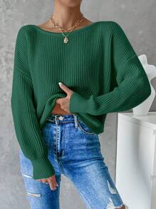 EMERY ROSE Women Casual Solid Color Cross Wrap Back Dropped Shoulder Loose Ribbed Knit Sweater, Long Sleeve Top Knit Pullover Fall Winter - Dark Green - View 4