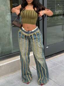 Y2K Vintage Washed Distressed Frayed Seam Trim Mid-Rise Waist Raw Edge Wide Leg Jeans With Pockets - 藍色 - 查看 1