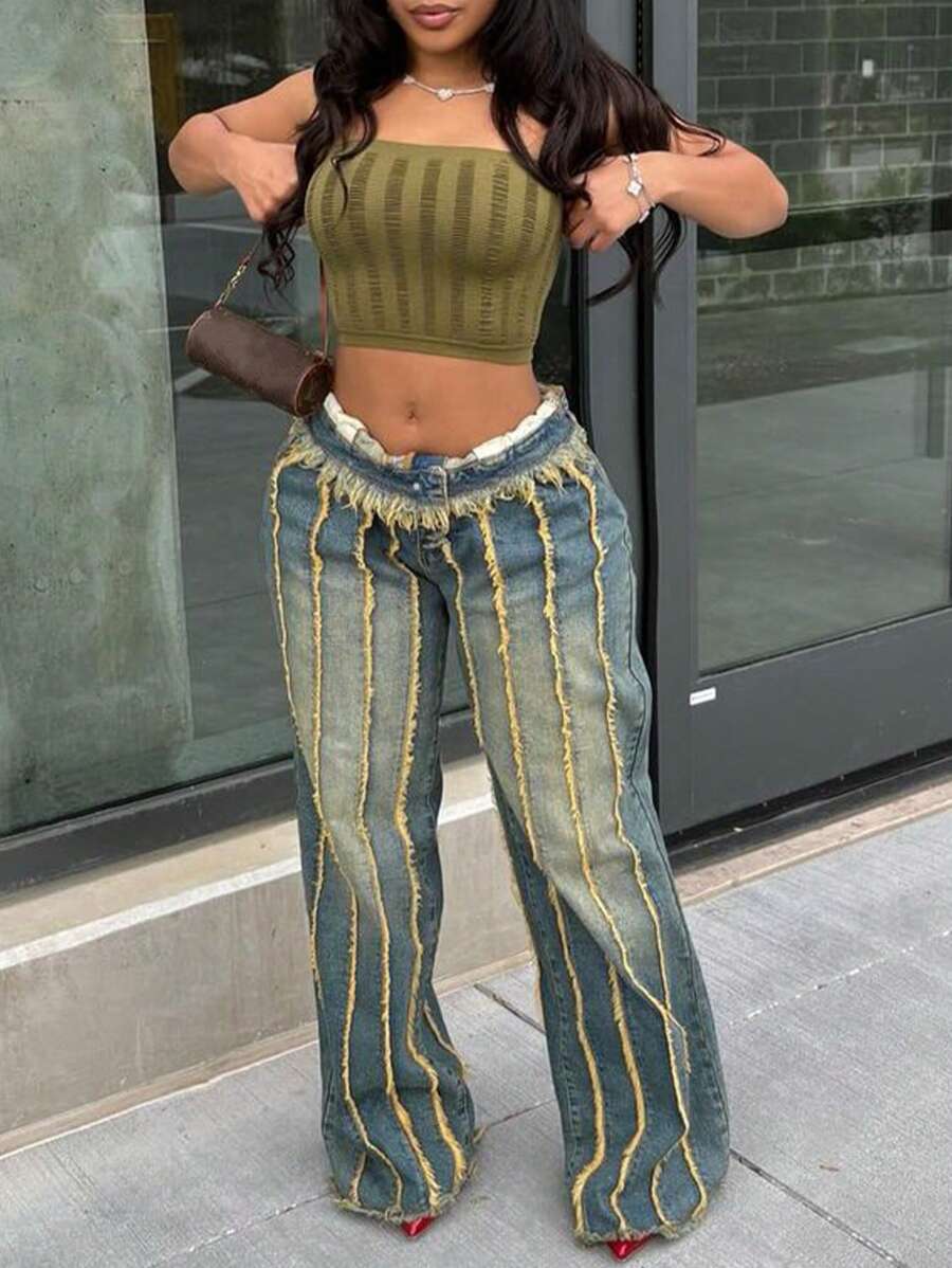 Y2K Vintage Washed Distressed Frayed Seam Trim Mid-Rise Waist Raw Edge Wide Leg Jeans With Pockets - 藍色 - 查看 1