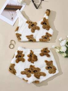 Women's Plush Suit, Cute & Comfortable Cartoon Bear Print Vest And Elastic Shorts, Winter Clothing, Christmas Set - White - View 2