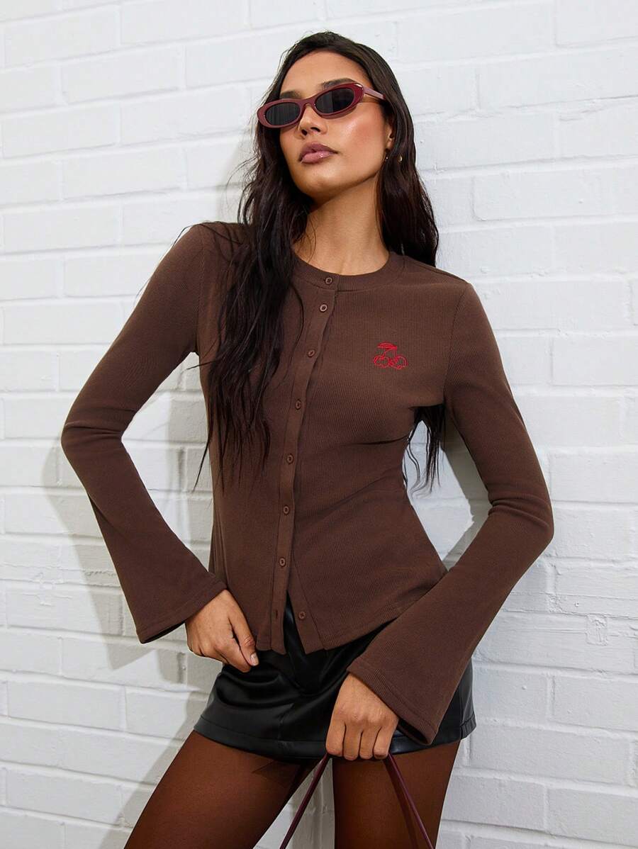 COSMINA Cherry Embroidery Front Button Casual Blouse For Women, Autumn