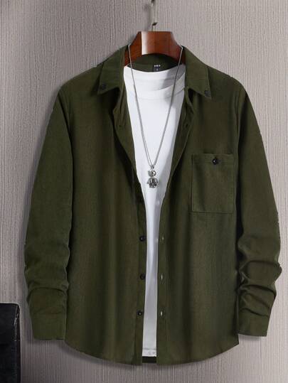 Manfinity Homme Men's Solid Color Plain Long Sleeve Casual Collar Shirt, Spring/Autumn, For Going Out