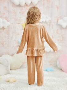 2pcs/Set Young Girl Khaki Minimalist Rabbit Embroidery Long Sleeve Top & Pants, Casual Homewear Set - Brown - View 2
