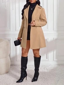 SHEIN Lady Cappotto invernale con collo a rever color cachi, elegante abbigliamento da donna per l'autunno, cappotto donna doppiopetto con design a bretelle, giacca da donna antivento per l'inverno, abbigliamento da donna per l'autunno e l'inverno - Moka Marrone - Visualizzare 3