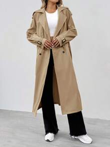 SHEIN Tall 秋季休闲双排扣系带风衣 - 卡其色 - 查看 6