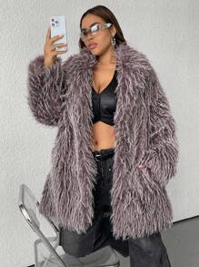 SHEIN EZwear 大码蓬松长款灰色大衣，秋冬款 - 灰色 - 查看 3