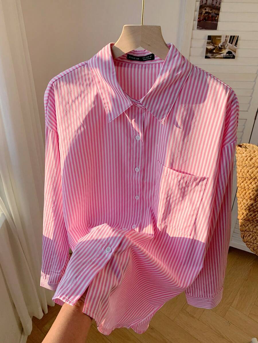 Comfortcana Striped Print Drop Shoulder Shirt - Pink - View 1