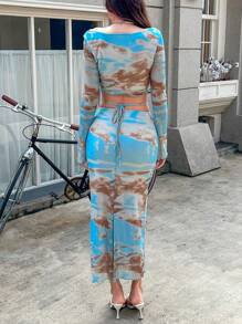 INAWLY 2pcs Women's Tie Dye Print Square Neck Long Sleeve Blouse And Maxi Skirt Set, Spring Summer