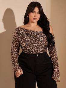 SHEIN BAE Plus Size Autumn And Winter Women's Sexy Leopard Print Asymmetric One-Shoulder Long-Sleeved Bodysuit,Thanksgiving, Christmas, New Year, Outing, Cocktail Dress, Music, Birthday Dress, Party, Off Shoulder, Asymmetric,Birthday, Family Gathering, Fall And Winter,Valentine's Day