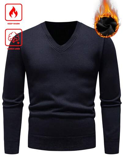 Manfinity CityGents ผู้ชายเสื้อกันหนาวแขนยาวสีพื้นคอวี ซับใน ใช้ได้หลากหลาย สำหรับฤดูใบไม้ร่วง/ฤดูหนาว