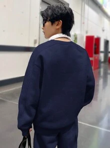 Zikori Little Byeori 2 件套青少年男孩休闲韩版字母印花圆领连帽衫运动衫和宽松抽绳腰裤，保暖内衬加厚 - 藏蓝色 - 查看 7