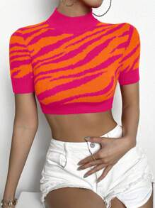 Chiquease 女士立领短袖简约短款休闲针织上衣 - 玫紅色 - 查看 4