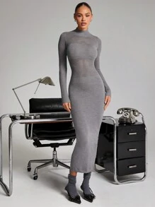Hauture Mock Neck Bodycon Long Sleeve Dress - Dark Grey - View 4