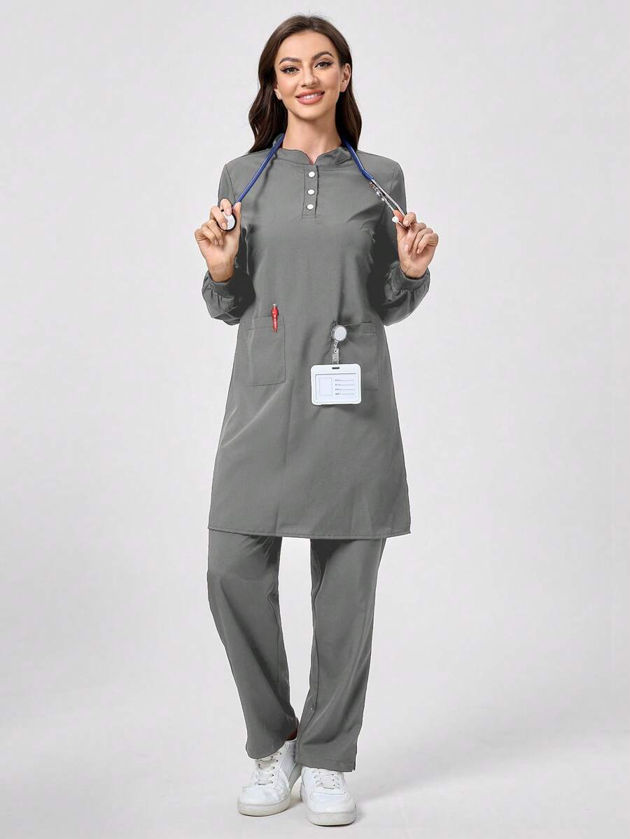 SHEIN TaskFit 1 Set Solid Color Button Front Long Sleeve Pocket Minimalist Scrub Top And Pants Scrub Uniform Set - Grey - View 1