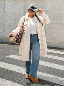 SHEIN EZwear Plus Size Solid Front Button Long Sleeve Simple Casual Ribbed Fleece Jacket - Beige - View 1