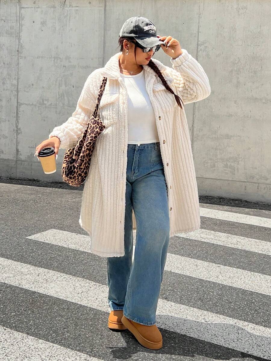 SHEIN EZwear Plus Size Solid Front Button Long Sleeve Simple Casual Ribbed Fleece Jacket - Beige - View 1