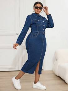 SHEIN Essnce 大码前扣牛仔紧身连衣裙 镂空服装 圣诞女装 感恩节女装 返校节 冬装 女牛仔服装 羊毛连衣裙 优雅连衣裙 秋季女装连衣裙 长袖连衣裙 - 藍色 - 查看 5