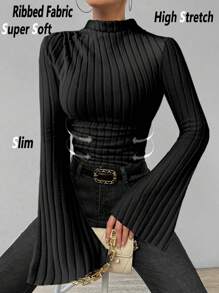 RosyDaze Camiseta feminina de manga comprida, versátil, de malha elástica, com nervuras, macia e agradável à pele, casual, com mangas sino, com acabamento canelado fino, para outono e primavera