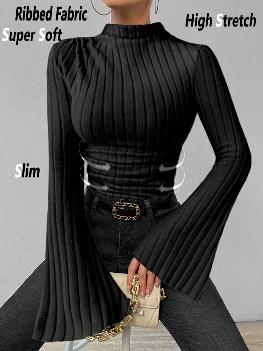 RosyDaze Women's High Collar High Stretch Knitted Soft Skin Friendly Casual Bell Sleeves Slim Rib Bottoming Versatile Long Sleeve T-Shirt, Autumn T-Shirt For Spring - Black - View 1