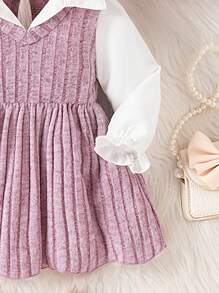 Baby Girl Lapel Fleece Hem Mock Layer Hooded Dress, Thicker Warm Comfortable Sweet Personalized, Essential For Autumn/Winter Outings