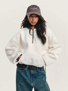 Athîral 女士奶油色咖啡色饰边前拉链长袖圆领落肩口袋休闲夹克，极简主义设计，适合日常穿着温暖寒冷天气保暖奶油棕色撞色泰迪外套 - 奶油色 - 查看 2