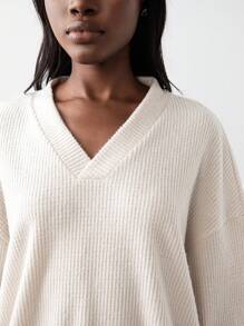 SHEIN Unity 1pc Women's Casual Simple V-Neck Textured Loose Long Sleeve Sweatshirt, Autumn/Winter Pullover Fall - Beige - View 6