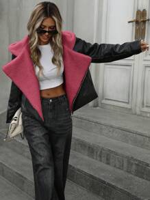 Aveloria Minimalist Casual Fluffy Collar Hooded Long Sleeve PU Jacket