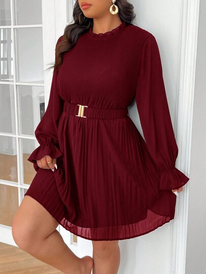 SHEIN Frenchy Vestido casual de manga larga de cuello redondo con cinturón en talla grande y color liso