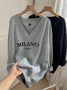 SHEIN LUNE 2 chiếc/bộ Áo nỉ cổ chữ V in chữ MILANO cỡ lớn ấm áp, phù hợp cho mùa thu/đông - Nhiều màu - Xem 4