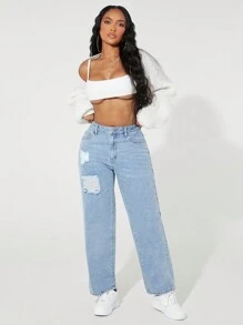 SHEIN SXY Women Button Front Pocket Distressed Casual Denim Jeans, Everyday Wear