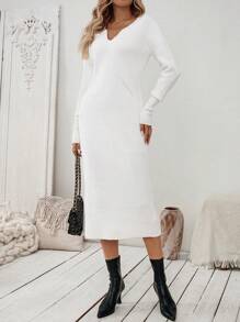 SHEIN Clasi 女士法式简约休闲长款毛衣连衣裙 - 白色 - 查看 4