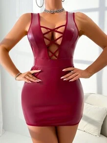 SHEIN 女士性感露背交叉PU皮革紧身连衣裙，黑色，适合外出穿着 - 酒紅色 - 查看 4