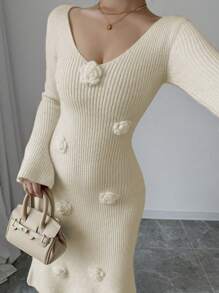 SHEIN Unity 1 件女式纯色长袖 V 领 3D 花卉装饰休闲连衣裙 - 杏色 - 查看 5