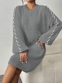 Chiquease Mock Necked Casual And Slouchy Women's Sweater Dress With Button Rope Design Fall Cloth For Women - Grey - View 5