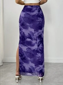 Chiquease 1 件女士扎染印花开衩优雅半身裙 - 紫色 - 查看 2