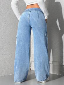 SHEIN EZwear Casual Washed Fold Waist Straight-Leg Cargo Jeans - Blue - View 2