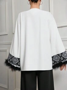 Mulvari 1 pieza Nuevo abrigo cárdigan geométrico de patrón modesto del sudeste asiático para mujer, temporada otoño/invierno