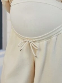 SHEIN 2 件装孕妇秋季纯色半拉链落肩连帽衫和可调节腰部裤子休闲套装 - 杏色 - 查看 4