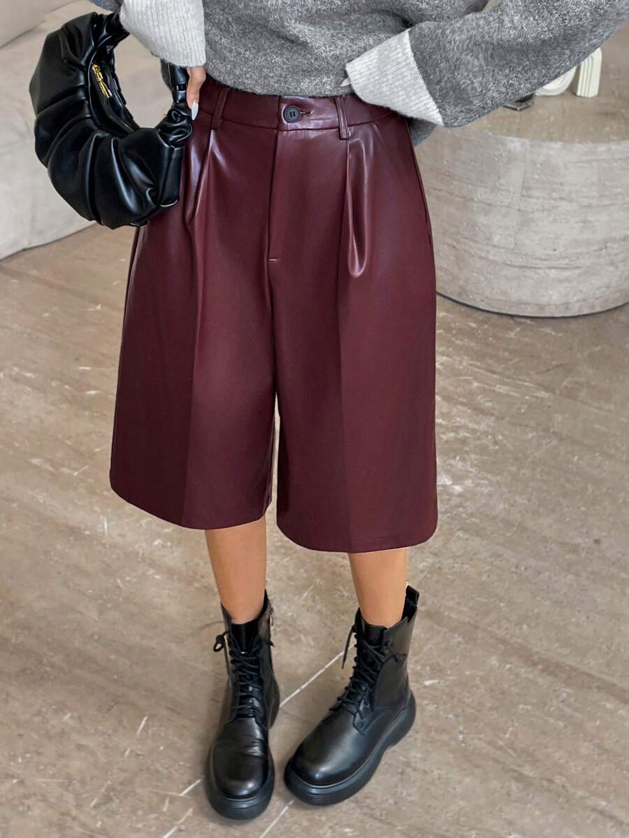 Firerie Women Red High Waist PU Straight Leg Capri Pants - Burgundy - View 1