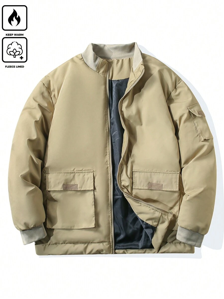 Manfinity Hypemode Plus Size Men Padded Coat,Stand Collar Front Zip-Up Pockets, Winter - Olive Green - View 1