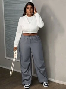 Slaydiva 大码女式纯色系腰口袋宽松阔腿长裤